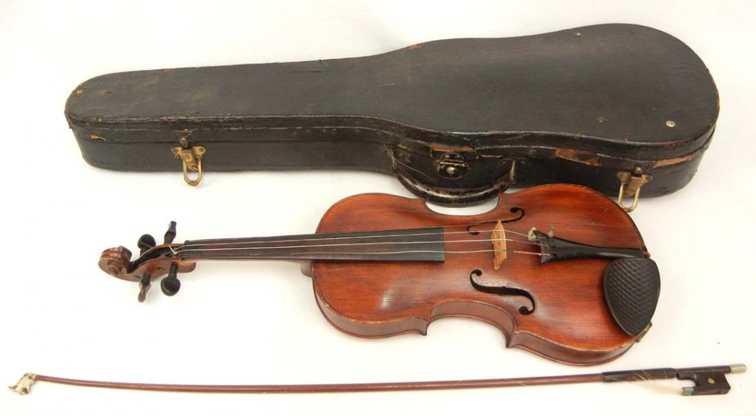 Jacobus Stainer violin and bow in case, paper labe: Jacobus Stainer violin and bow in case, paper label inside violin reads Made in Germany, 23 1/2" ca. 1900