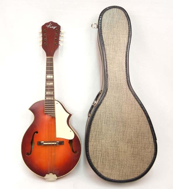 Kay mandolin in case, numbered L1821 340, mother o: Kay mandolin in case, numbered L1821 340, mother of pearl inlay on neck, 27 1/2"