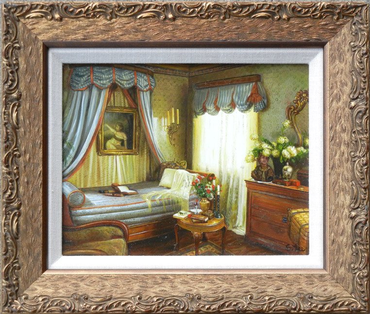 S. (Siu Ho) Lee oil on board, interior "Daybed", s: S. (Siu Ho) Lee oil on board, interior "Daybed", signed lower right, Chinese b. 1944, sight size 8" x 10", frame size 12" x 14", Carol Schwartz (Chestnut Hill, PA) Gallery label on reverse