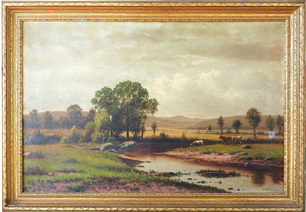 C. (Charles) W. (Wilson) Knapp oil on canvas lands: C. (Charles) W. (Wilson) Knapp oil on canvas landscape, pasture with cows, signed lower right, 19th - 20th C. American, sight size 18" x 28", frame size 21 1/2" x 31 1/2", partial framing label on rev