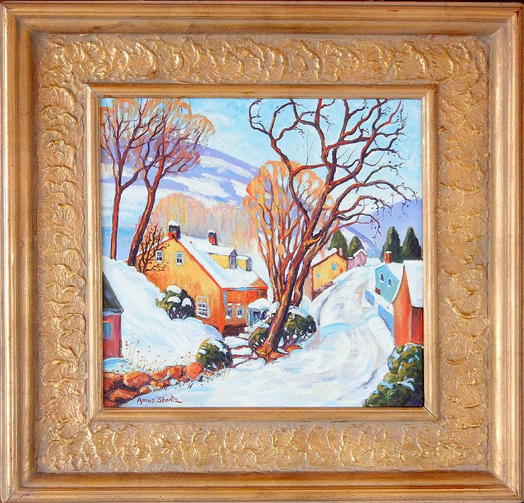 Amos Shontz oil on canvas "The Yellow House" after: Amos Shontz oil on canvas "The Yellow House" after Fern Coppedge, signed lower left, 20th - 21st C. American, sight size 12" x 12", frame size 18 3/4" x 18 3/4", signed and titled on reverse