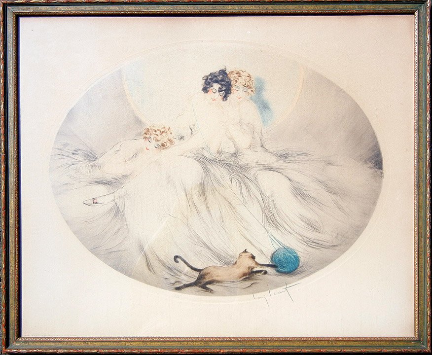 Louis Icart drypoint etching, purchased in Paris,: Louis Icart drypoint etching, purchased in Paris, two young women watching Siamese cat play with ball, pencil signed in lower right margin, 19th - 20th C. French, sight size 21" x 24 1/2", frame size