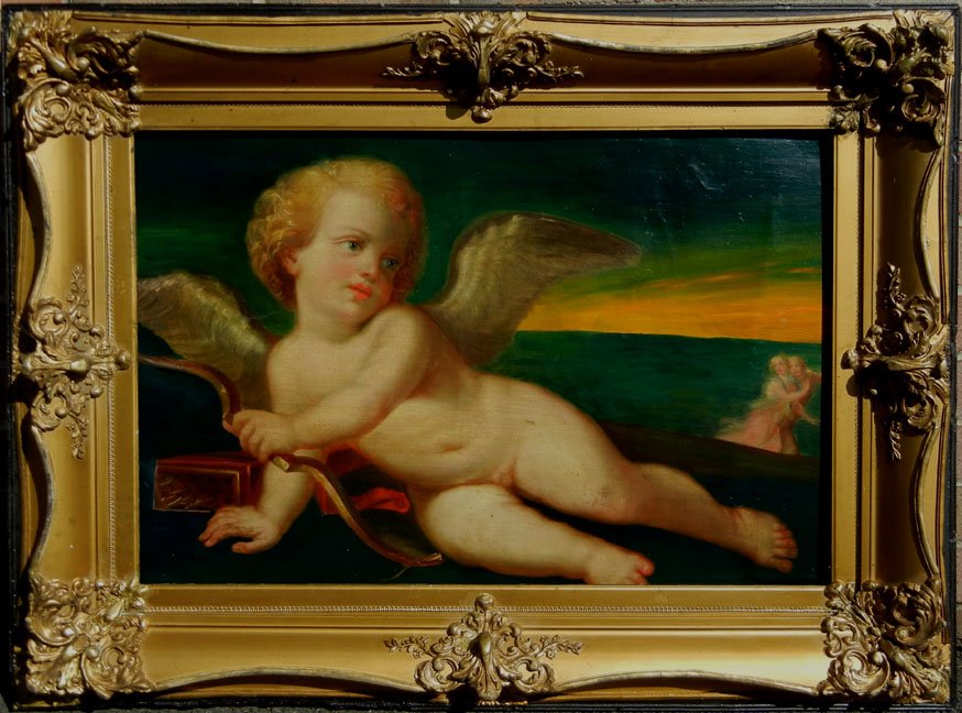 Continental School oil on canvas, reclining cupid,: Continental School oil on canvas, reclining cupid, 19th - 20th C., sight size 23 1/2" x 32", frame size 30" x 40"