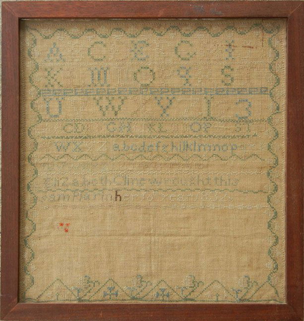 Needlework sampler, Elizabeth Cline wrought this s: Needlework sampler, Elizabeth Cline wrought this sampler in her 10th year 1832, with alphabet and numbers, vine border on three sides, geometric and floral border on bottom, frame measures 18 3/4" x 1