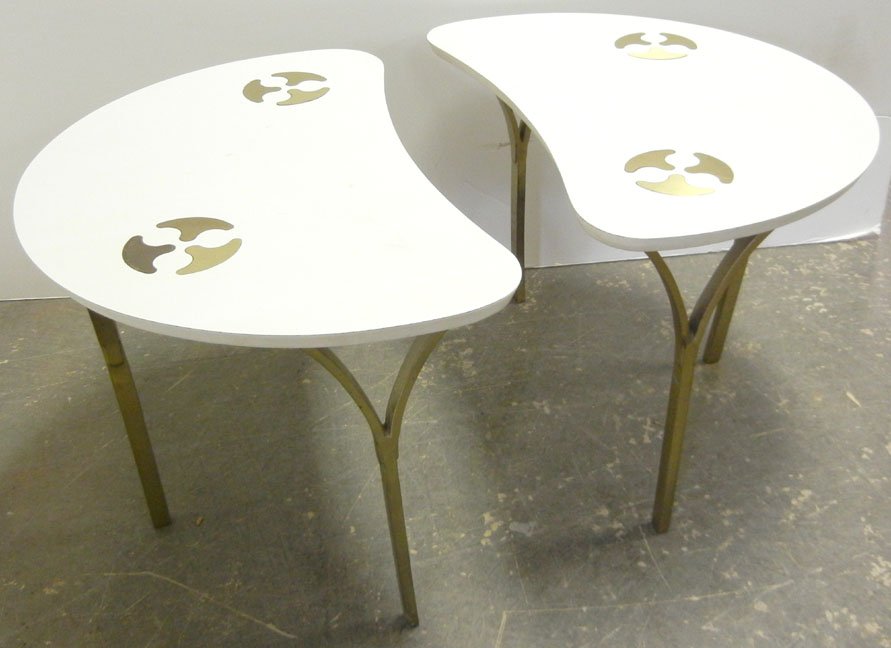 Pair of mid 20th C. modern demi-lune end tables, t: Pair of mid 20th C. modern demi-lune end tables, three brass legs, inlaid brass design on tops, 20" x 29" x 18"