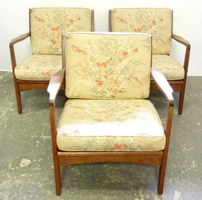 Three Royal Danish teak armchairs with cushions, 2: Three Royal Danish teak armchairs with cushions, 28" x 27 1/2" x 27"