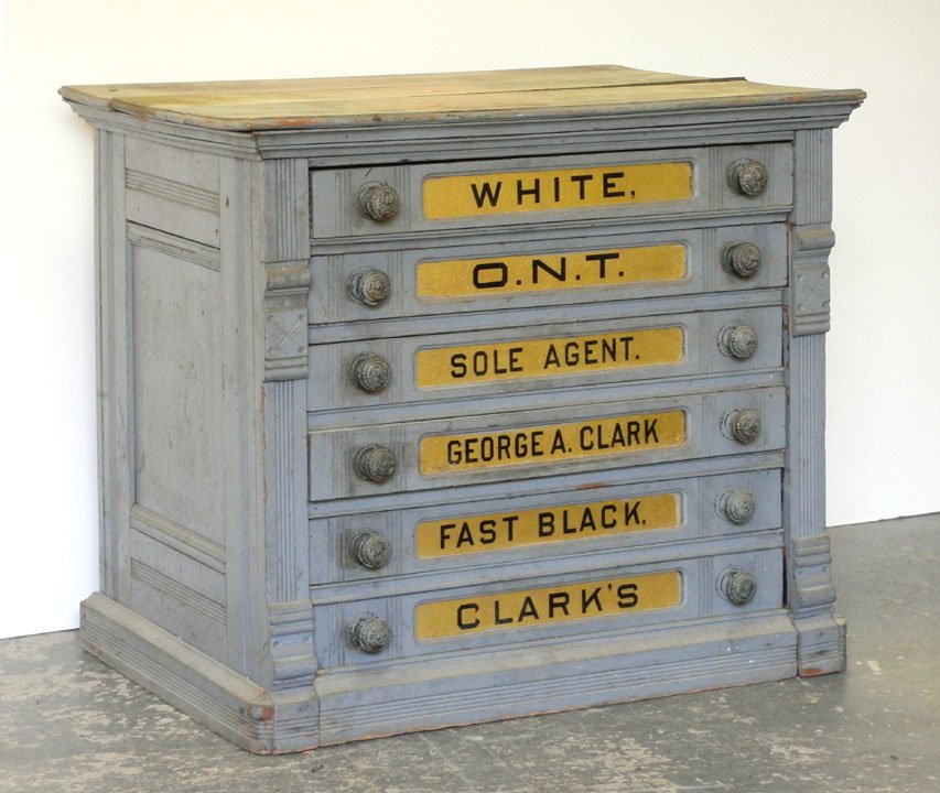 Clark's painted walnut spool cabinet, 23" x 26 1/4: Clark's painted walnut spool cabinet, 23" x 26 1/4" x 20 1/2"