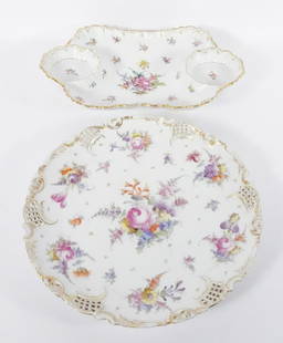 Dresden Porcelain Charger and Serving Dish: Dresden porcelain charger and serving dish, both are decorated with hand painted Dresden Rose floral designs, circa early 20th c., 1 1/4" (h) x 12 3/4" charger signed on underside of base with blue