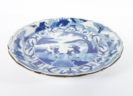 Japanese Blue and White Porcelain Charger: Japanese blue and white porcelain charger, decorated hand painted scenic design with Continental figures, circa early 20th c. to mid 20th c. Showa period, unknown blue underglaze mark that translates