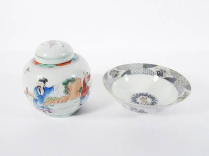 Chinese Porcelain Bowl and Ginger Jar: Two piece Chinese Export porcelain grouping, circa early 20th c. Chinese Republic period, 2 1/4" (h) x 6 1/2" bowl decorated with figural, floral and bat motifs and 5" (h) x 4 1/2" ginger jar