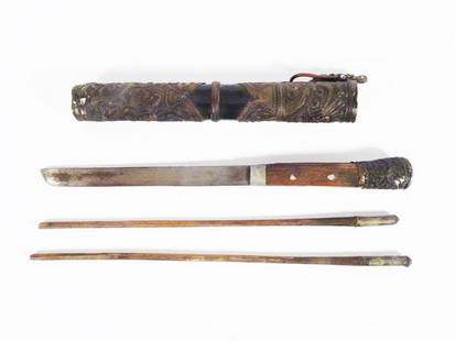 Chinese Travelling Trousse Set: Chinese travelling trousse set, three piece set consisting of a steel blade knife with a wood handle and a brass pommel and a pair of hardwood chopsticks with silvered metal pommels, leather scabbard