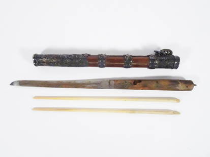 Chinese Travelling Trousse Set: Chinese travelling trousse set, three piece set consisting of a steel blade knife with a horn mounted handle, and a pair of carved bone chopsticks, hardwood scabbard with embossed silver mounts,