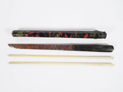 Chinese Travelling Trousse Set: Chinese travelling trousse set, three piece set consisting of a steel blade knife with a lacquer handle, and a pair of carved bone chopsticks, black lacquer scabbard with hand painted floral designs