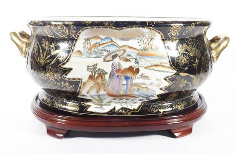 Chinese Porcelain Foot Bath on Stand: Chinese porcelain foot bath on stand, cobalt body with gilt floral overlay, panels with figural and scenic motifs, inner portion decorated with fish and flowers, signed on underside of base, circa