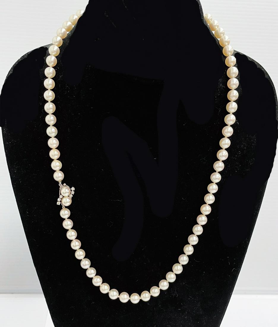 Cultured Pearl Necklace with 14K Gold, Pearl and Diamond Clasp (1 of 4)