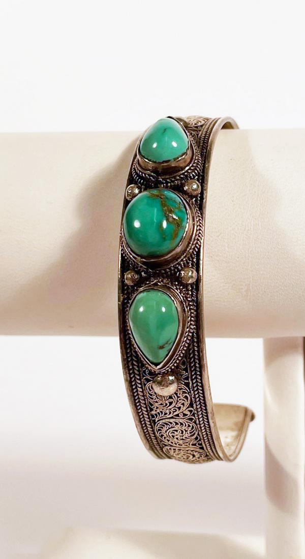 Indo-Persian Sterling and Turquoise Cuff Bracelet (1 of 4)