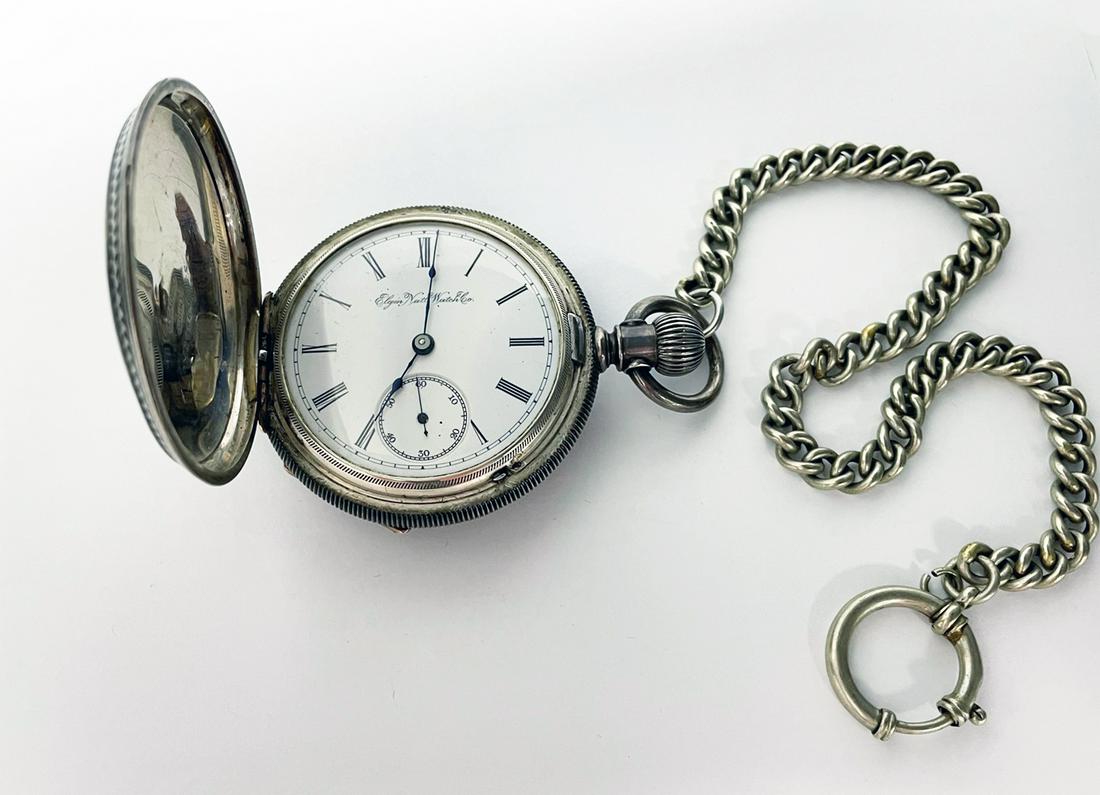 Elgin Hunters Case Coin Silver Pocket Watch with Chain Fob (1 of 4)