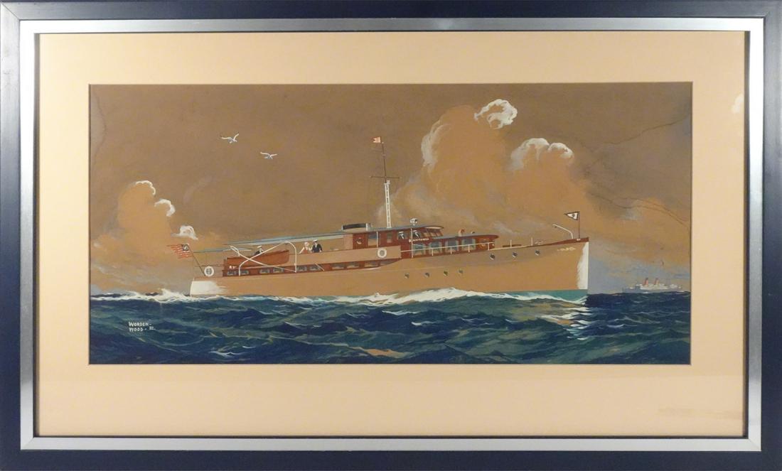 Worden Wood Gouache on Cardboard: Worden Wood (American artist, 1880-1943) gouache on cardboard, untitled ocean scene with the luxury/pleasure Motor Yacht Antonia, signed dated lower left corner Worden Wood 32, sight size 13" (h) x 27