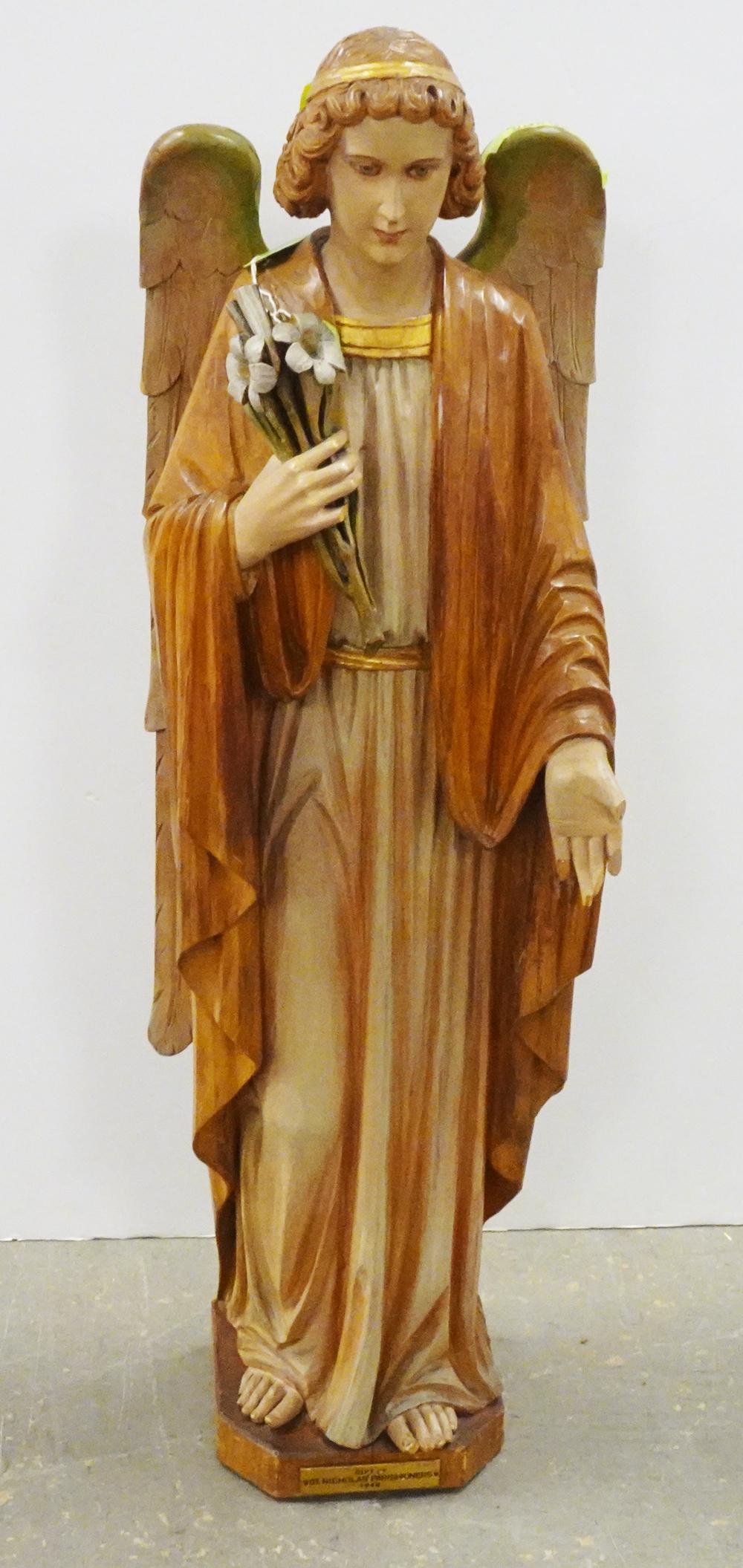 Polychromed Wooden Angel Sculptural Statue (1 of 3)