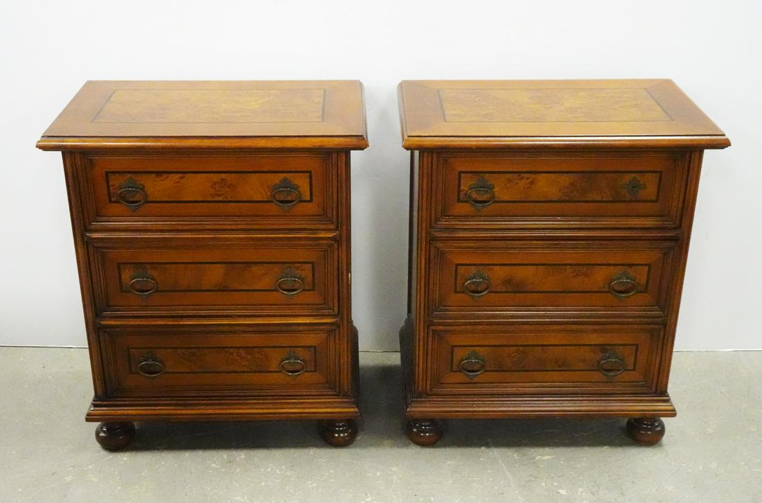 Pair of Italian Flamed Fruitwood Nightstands: Pair of Italian fruitwood nightstands, late 20th c., both have Made in Italy labels attached to back, 25 1/2" x 21 1/2" x 12 1/2"