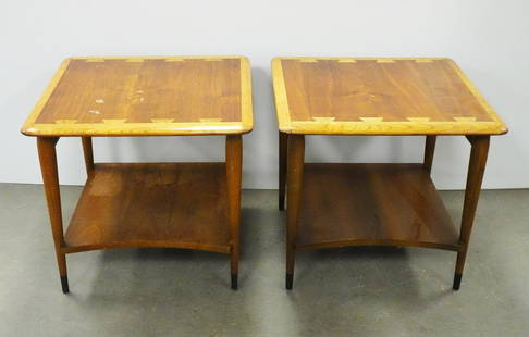 Pair of Lane Furniture Co. Acclaim End Tables: Pair of Lane Furniture Co. Acclaim line end tables, designed by Andre Bus, walnut and ash with dovetailing, mid 20th c., Lane Company logo mark on underside, 21" (h) x 23" x 23