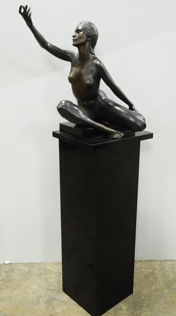 Bunny Adelman Figural Sculpture: Bunny Adelman (American post-war/contemporary artist, 1935-active) figural sculpture, untitled bronze figure of a nude female with a rock crystal formation in her hand, signed "B. Adelman '78" on vers