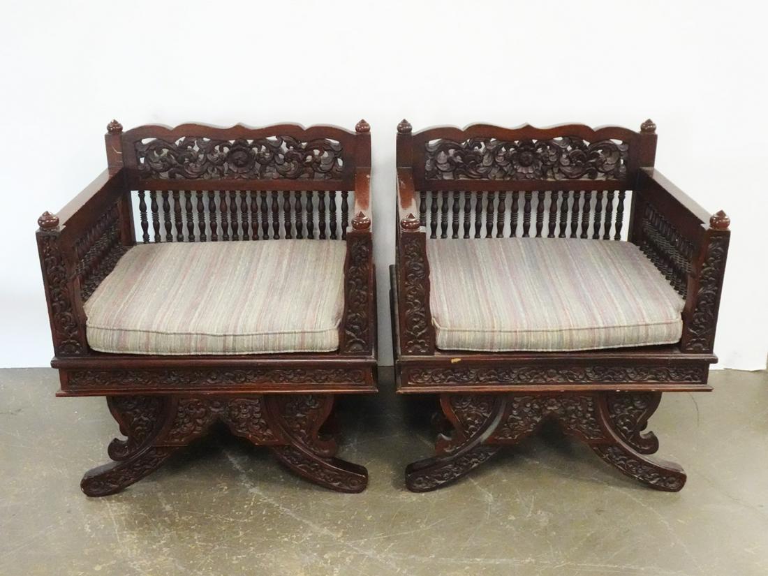 Pair of Thai Carved Teak Elephant Saddle Chairs (1 of 6)