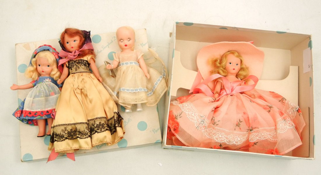Four Nancy Ann Storybook dolls, one is mint in box: Four Nancy Ann Storybook dolls, one is mint in box "A Flower Girl for May" #191, one is bisque