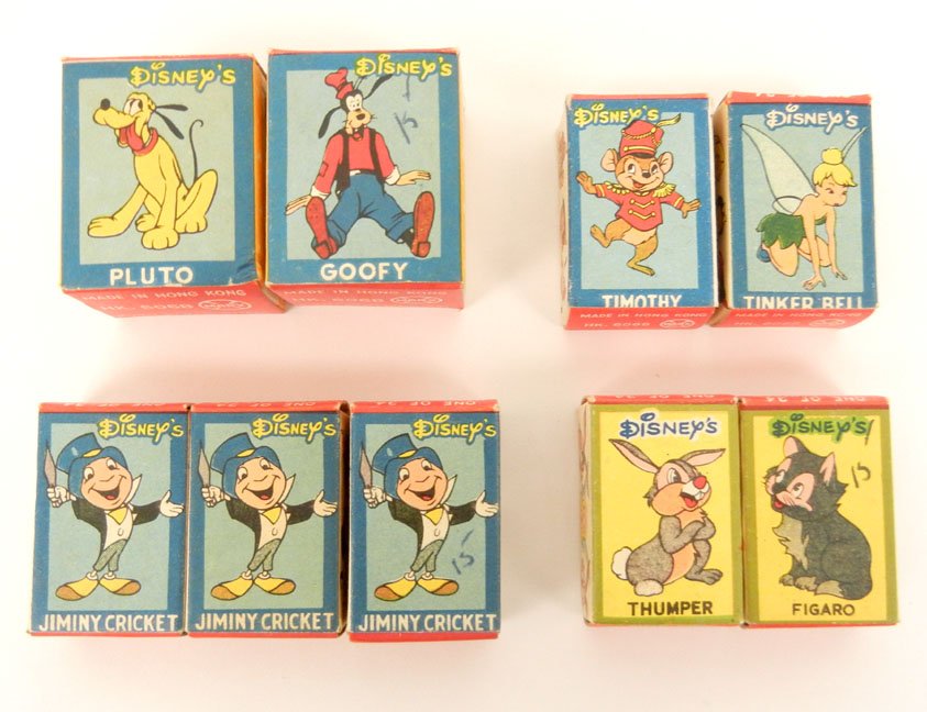 Nine Marx Disneykins Elegant Miniatures, including: Nine Marx Disneykins Elegant Miniatures, including Goofy, Pluto, Tinker Bell, Thumper, Figaro, Timothy, and three Jiminy Crickets, all in original boxes with stickers still on them, biggest box measur