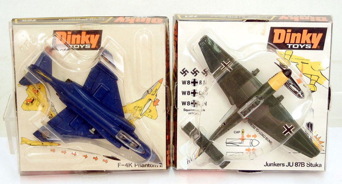 Two Dinky Toys aircrafts, mint in boxes, Junkers S: Two Dinky Toys aircrafts, mint in boxes, Junkers Stuka JU-87B with cap bomb, and a Royal Navy F-4K Phantom II (featured in Webster's Dinky Toys book)