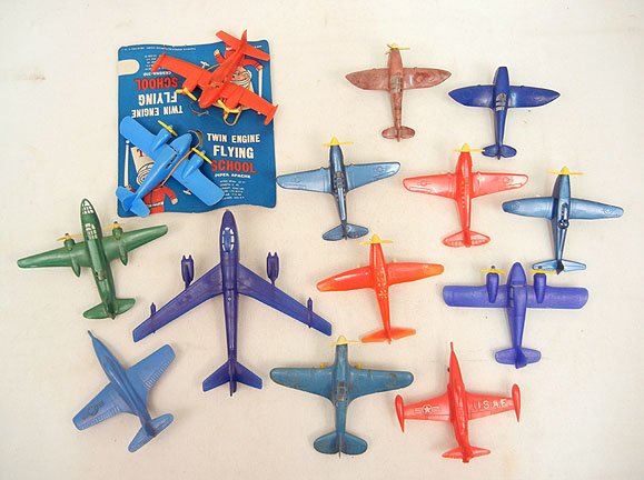 Lot of plastic aircraft toys, including Dimestore: Lot of plastic aircraft toys, including Dimestore aircrafts, Cessna 310 and a Piper Apache, some made by Thomas Toy Co., Acme, Renwal, Ideal, and more, C. 1950s