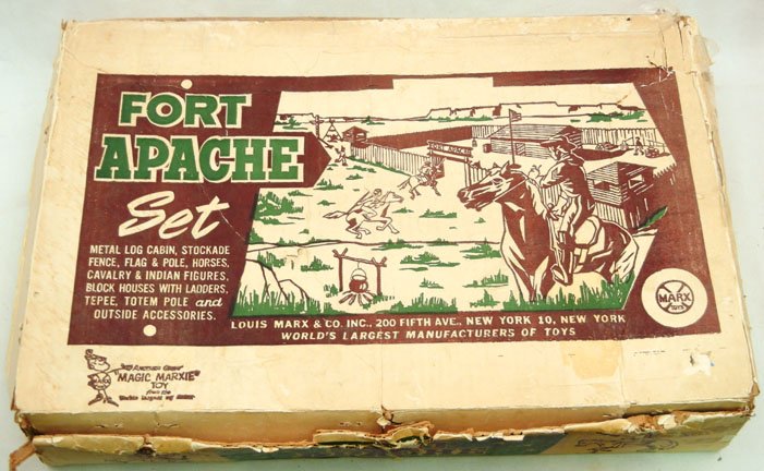 Boxed Marx Fort Apache set, with tin building, fen: Boxed Marx Fort Apache set, with tin building, fencing, cowboys and Indians, and more
