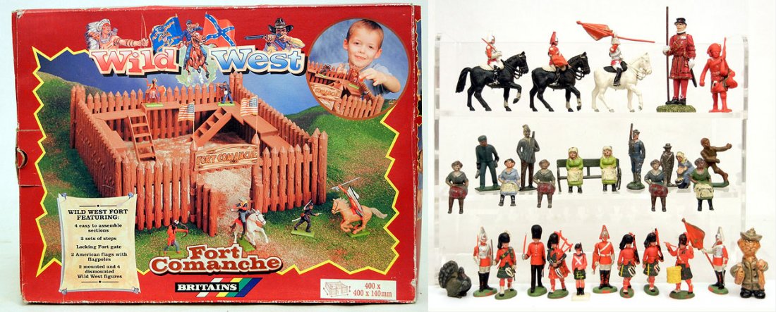 Grouping of thirty-one die cast, plastic and cera: Grouping of thirty-one die cast, plastic, and ceramic figurines, and a new in box Britains Fort Comanche, some figures marked Made in England