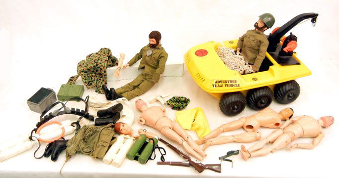 Five G.I. Joe figures, G.I. Joe adventure team veh: Five G.I. Joe figures, G.I. Joe adventure team vehicle, and accessories, part of an additional figure, and an additional head, nude with dark brown hair is marked Ideal Toy Corp. copyright 1966 on bac