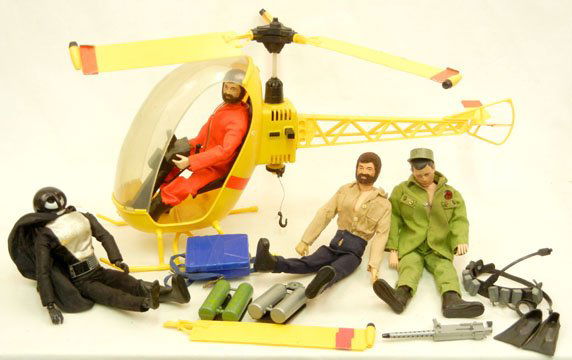 Three G.I. Joe figures, G.I. Joe helicopter, acces: Three G.I. Joe figures, G.I. Joe helicopter, accessories, and an Ideal Darth Vador