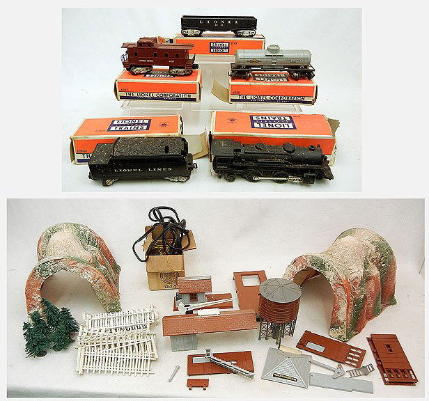 Lionel O27 gauge freight set, including No. 2034: Lionel O27 gauge freight set, including No. 2034 steam locomotive, No. 6066T tender, No. 6032 gondola car, No. 6035 tank car, No. 6037 caboose, multi volt transformer, cardboard tunnels, and Plasticvi