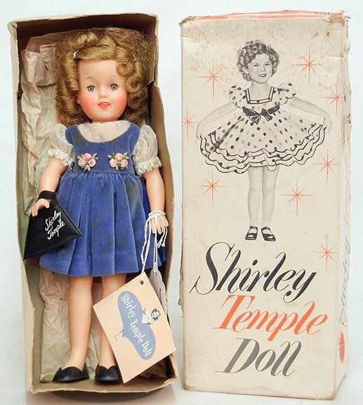 Mint in box 1957 vinyl Shirley Temple Ideal doll: 1957 vinyl Shirley Temple Ideal doll in original outfit, purse and tag, 12", in original box