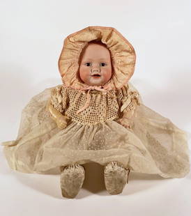 German Bonnie Babe by Georgene Averill: German Bonnie Babe by Georgene Averill, 16", marked Copr by Georgene Averill 1005/3652/2, bisque head with brown glass sleep-eyes, an open mouth with lower teeth and wobble tongue, cloth body with