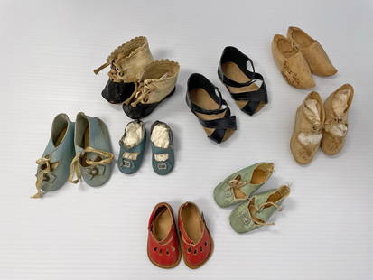 Antique doll shoes: Antique doll shoes, group of eight pairs, assorted sizes, colors and styles, some marked with # on sole