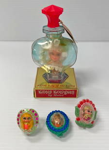 Mattel 1966 Kiddles accessories: Mattel 1966 Kiddles, four pieces, includes 2 HTF rings, one necklace or bracelet and one Kiddles Cologne with tag in original packaging