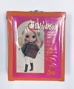 1972 Kenner Blythe's Fashion Wardrobe case: 1972 Kenner Blythe's Fashion Wardrobe case #33241, 13" high x 10 1/4" x 4", with Blythe's Boutique poster 11" x 10", two Blythe's Boutique cardboard partial boxes, and fashion dresses and accessories