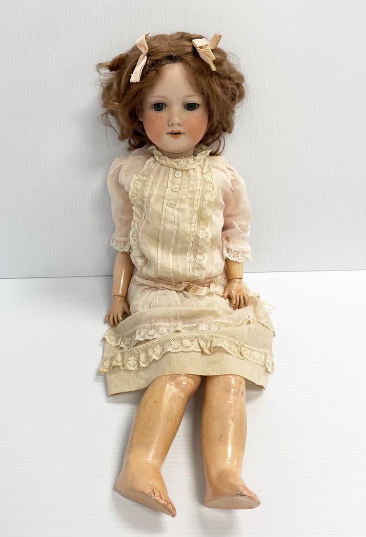 Armand Marseille 390 bisque socket head doll with crier: Armand Marseille 390 bisque socket head doll with crier, 24", original wig, blue sleep eyes, painted and hair lashes, painted brows, open mouth with teeth, ball jointed, vintage dress and under garmen