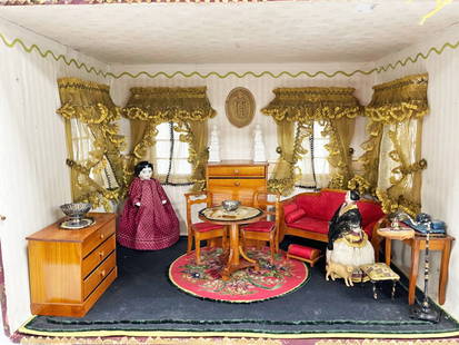 Antique Edwardian Era Parlor room box: Antique Edwardian Era Parlor room box with lavish curtains, furniture and accessories, includes two German Frozen Charlotte dolls, 12 1/2" x 12 1/2" x 19"