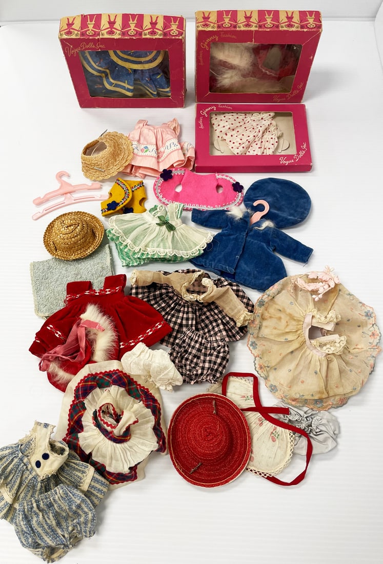 Large group of Vogue Ginny 1950-53 strung Ginny doll clothes and hats (1 of 1)