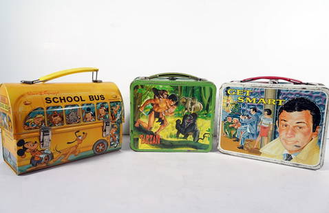 Character Themed Metal Lunch Boxes: Three piece character themed metal lunch box grouping, 1961 Aladdin Industries Incorporated Tarzan (no thermos), 1966 Aladdin Industries Incorporated Walt Disney School Bus (no thermos) and 1966 King-