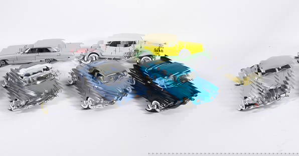 Danbury and Franklin Mint Diecast Vehicles: Six piece Danbury Mint and The Franklin Mint 1:24 scale diecast vehicles grouping, Danbury Mint 1933 Pierce Silver Arrow and 1953 Buick Skylark and The Franklin Mint 1930 Duesenberg J Derham Tourster,