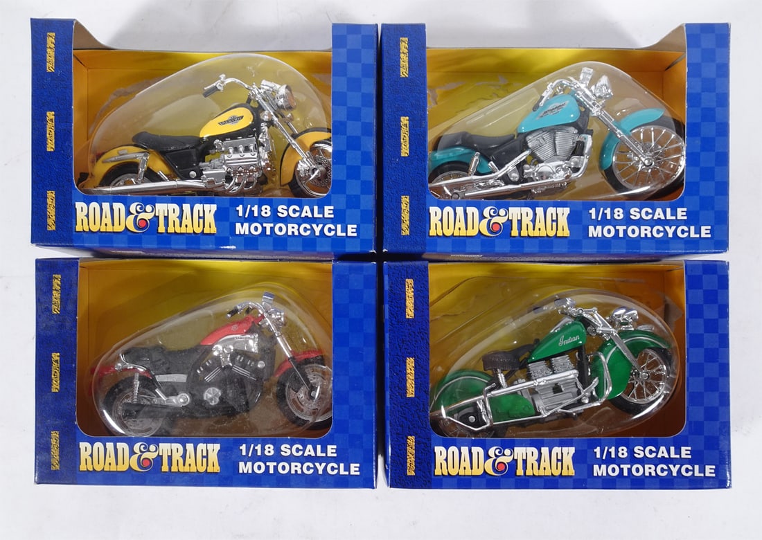 Road & Track 1:18 Scale Motorcycles: Four Road & Track 31026 1:18 scale motorcycles: yellow Valkyrie, red Yamaha Vmax, teal Shadow, green Indian 4 cylinder. 6" X 2 1/4" X 4"
