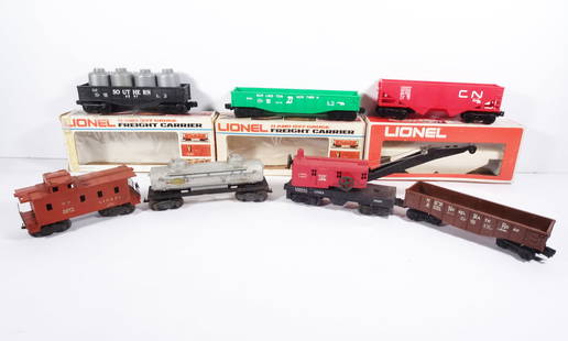 American Flyer and Lionel HO Scale Trains Grouping: Ten piece A.C. Gilbert Co. American Flyer and Lionel HO scale trains grouping, American Flyer #433 PRR 0-6-0 Steam Locomotive and Tender and #505 Norfolk and Western Gondola Car, Lionel #0145 Automati