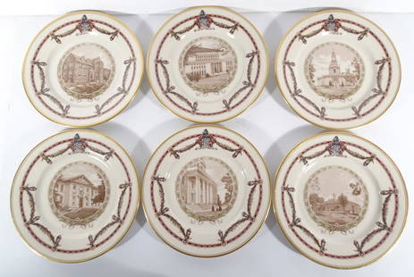 Lamberton China Lafayette College Dinner Plates: Set of twelve Lamberton Ivory Scammell Lafayette College pattern dinner plates, each plate depicts a different historical building on the campus of Lafayette College, Alumni Memorial Gymnasium,