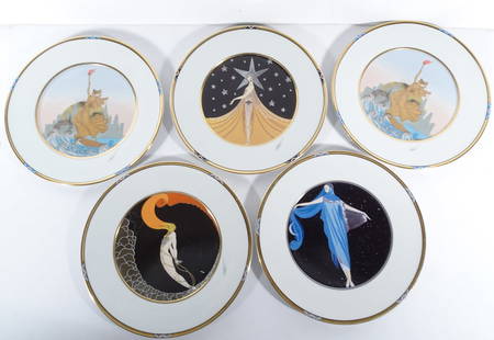 Mikasa China Erte Design Charger Plates: Set of five Mikasa China Erte designed charger plates, UH200/1998 Moonlight, UH202 Statue of Liberty (qty 2), UH207 L'Amour and UH210 New York, New York, circa 1988 and 1990, Moonlight plate is